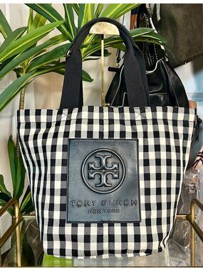 TORY BURCH BLACK AND WHITE PIPER GIGHAM TOTE